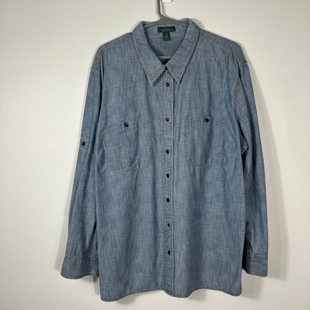 Lauren Jeans Co Ralph Lauren Chambray Shirt Womens 3X Blue Good Roll Tab Cotton
